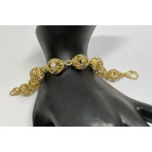 Judith Ripka Gold tone Sterling Silver Filigree Cage CZ Link Bracelet 7.25"